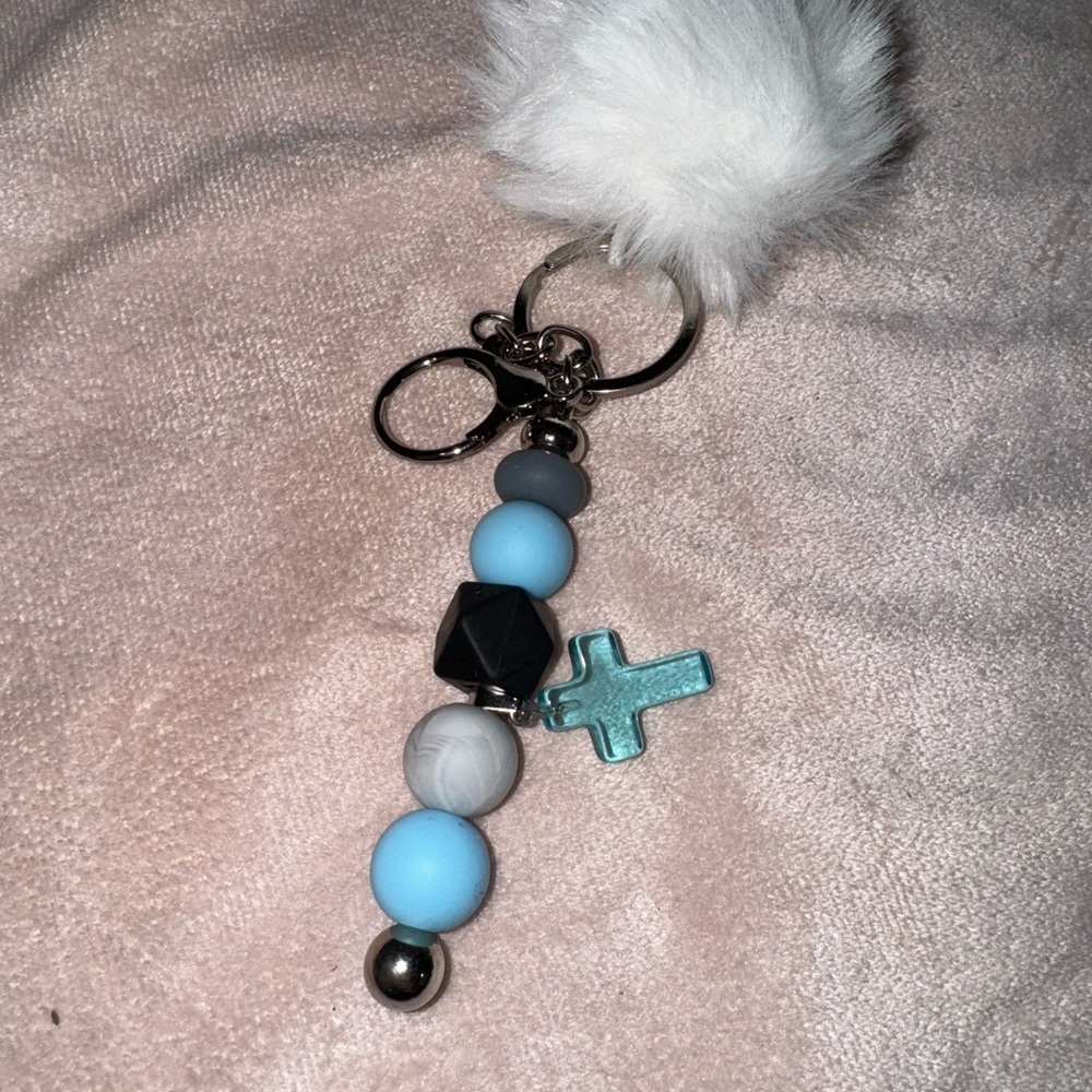 Blue and Gray Beaded Keychain with Pom Pom